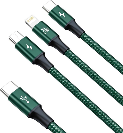Kabllo karikimi Baseus 3 në 1, USB C Lightning microUSB, 1.5 m, 20W, e gjelbër