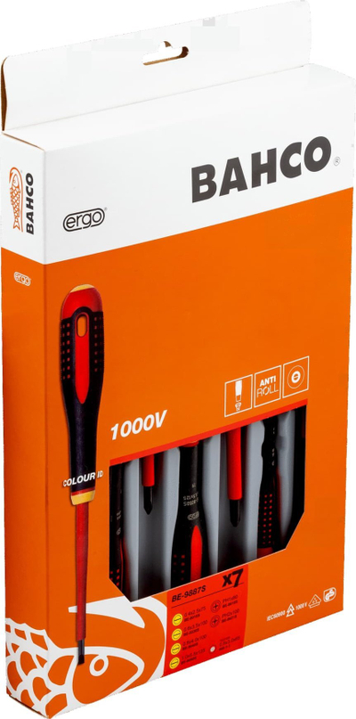 Set kaçavidash Bahco BE-9887S Ergo VDE, 7 copë, të izoluara 1000V, kuqe e zezë
