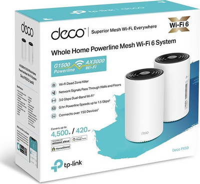 Sistem mesh Wi‑Fi TP‑Link Deco PX50 AX3000 G1500, Powerline, 2‑copë, i bardhë