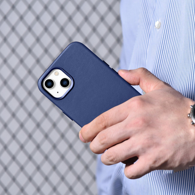 Këllëf lëkure iCarer Case Leather për iPhone 14, lëkurë natyrale, MagSafe, blu