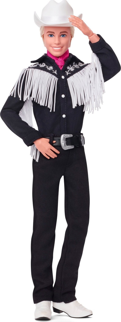Kukull Barbie Ken Cowboy për koleksion, me trup që lëviz, bandanë rozë, rrobë të zezë