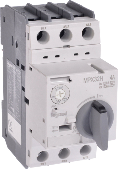 Ndërprerës magnetotermik motorik Legrand MPX32H, 2.5A deri 4A, kapacitet ndërprerës 100kA 415V, gri