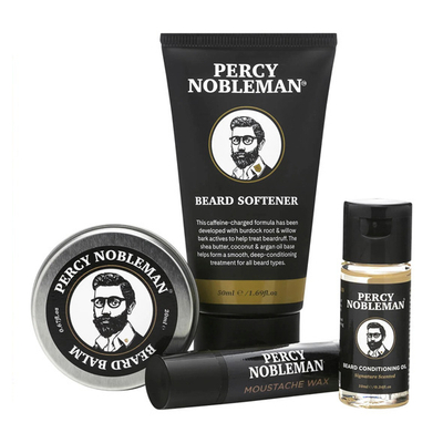 Set për kujdes ndaj mjekrës Percy Nobleman, zbutës për mjekër 50 ml + balsam me vaj Jojoba 20 ml + kondicioner 10 ml + dyll me vaj Shea 5 ml