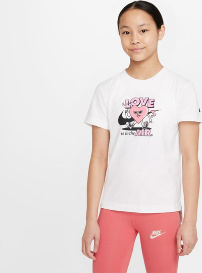 Bluzë Nike Valentine Tee për goca, pambuk me poliester, me print grafik, e bardhë