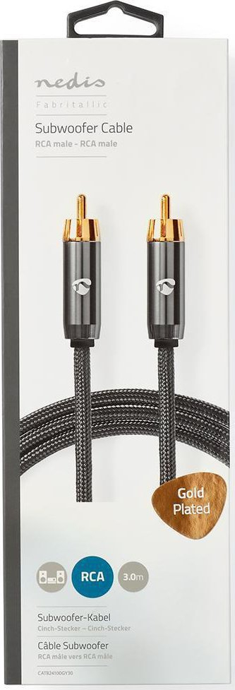 Kabllo subwoofer Nedis Profigold Fabritallic, 5 m, RCA mashkull-mashkull, gri metalike