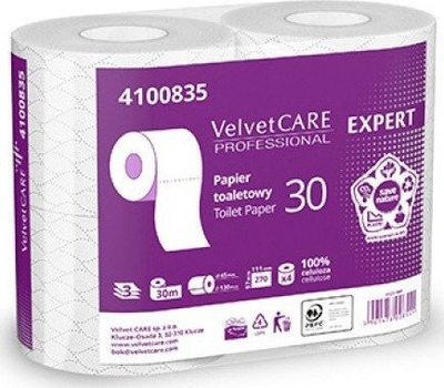 Letër higjienike Velvet Care, 3 shtresa, 4 rrotulla 30 m, e bardhë
