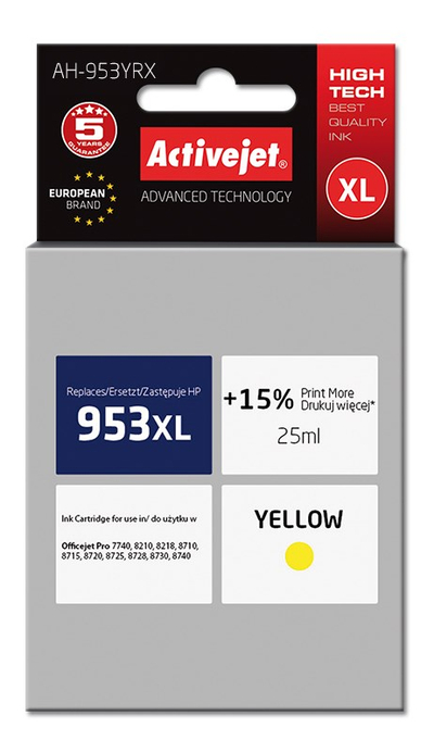 Ngjyrë për printer Activejet AH-953YRX (zëvendësim për HP 953XL F6U18AE), 25 ml, e verdhë