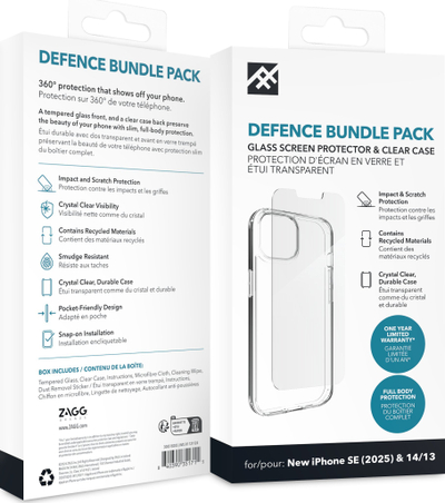 Set mbrojtës ZAGG Defence, kuti dhe xham për iPhone 16e 14 13, transparent