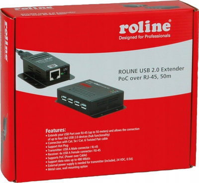 Ekstender USB 2.0 Roline, PoC RJ-45 deri 50m, hub me 4 porta, i zi