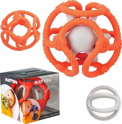 Lodër dhëmbore Nattou Silicone Ball, 2 në 1, set 2 copë, portokalli gri