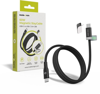 Кабел за полнење Мобиле Ориджин Магнетик СтејКејбл CB6, USB-C во USB-C, 60W 1.5m, црн