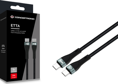 Kabllo USB Conceptronic USB-C në USB-C, 2m, 5A 480Mbps, e zezë
