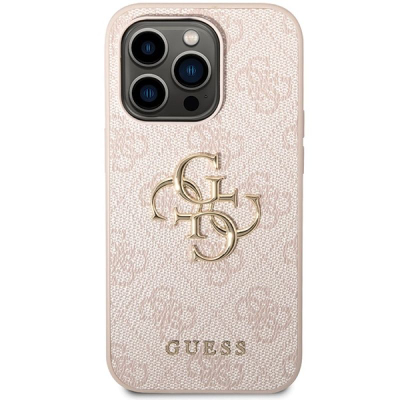 Mbrojtëse telefoni Guess 4G Logo për iPhone 15 Pro Max, lëkurë PU, rozë
