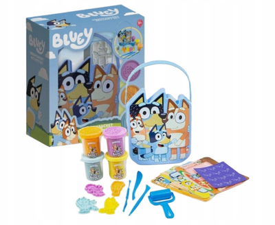 Set plasteline Bluey Dough Bucket Activity, kovë me vegla, shumëngjyrësh