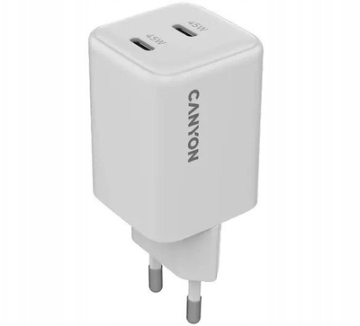 Адаптер за полнење Canyon CU45CC, 45W GaN, 2x PD, бел