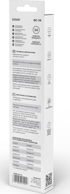 Telekomandë universale Savio RC-14 për TV Hisense, infra të kuqe, me butona, ngjyrë e zezë