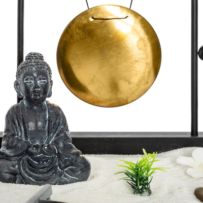 Set dekorativ Atmosphera Jardin Zen, tabaka me rërë, figurë Buddha dhe gong, i zi