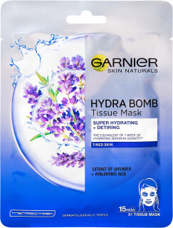 Maskë tekstili për fytyrë Garnier Lavender Skin Naturals Hydra Bomb, 28 g