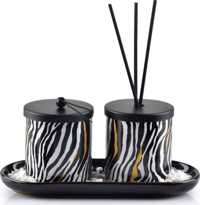 Set aromatizues Mondex Fragrance, difuzer me shkopinj, qiri me aromë sandali, dizajn zebra