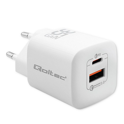 Karikues muri Qoltec GaN Ultra 35W, 1x USB C PD, 1x USB, i bardhë