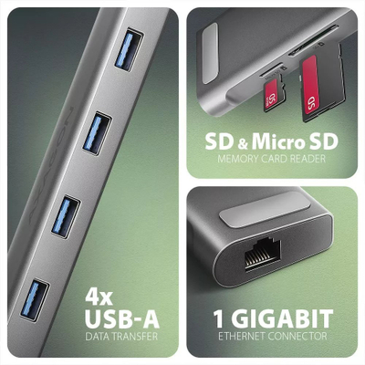 Hub USB Axagon HMC-10HLS, 9në1, USB-C, 4K, ngjyrë argjendi
