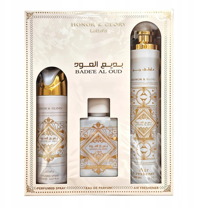 Set dhurate me parfum Lattafa Bade'e Al Oud Honor & Glory, uniseks, 3 pjesë, i bardhë