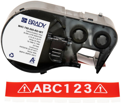 Kasetë etiketimi Brady M4C-750-595-RD-WT, vinyl 19.1mm, shkronja të bardha, e kuqe me shkëlqim