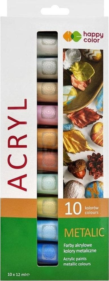 Set boje akrilike Happy Color Metallic, 10 ngjyra, 12 ml