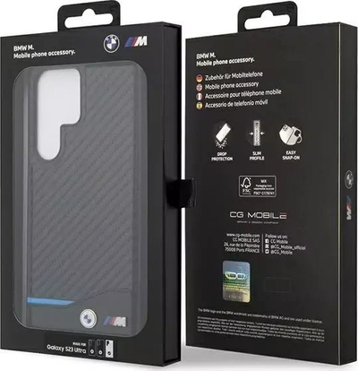 Kapak telefoni BMW për Samsung Galaxy S23 Ultra, efekt karboni, me vijë sportive, ngjyrë e zezë