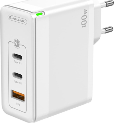 Karikues muri JELLICO C118 GaN PD, 100W, 2xUSB C 1xUSB QC3.0 me kabllo USB C, i bardhë