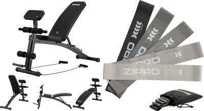 Set palestër Zipro Volume Gumy Mini Band, stol me shpinore të rregullueshme, 5 shirita rezistence, i zi