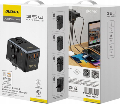Karikues udhëtimi Dudao A35Pro, 35W, 3x USB C 2x USB A, i zi