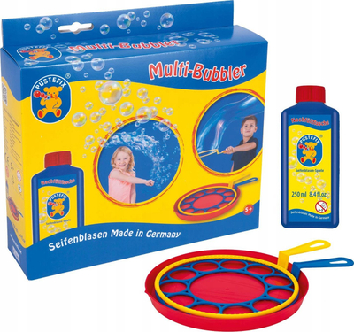 Lodër me flluska sapuni Pustefix Multi Bubbler, set me unazë gjigande dhe multi, solucion 250 ml, shumëngjyrëshe