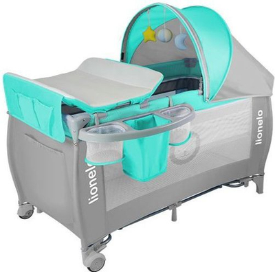 Krevati udhëtimi Lionelo Sven Travel Cot Plus, me ndërruese dhe tendë, turkeze dhe gri