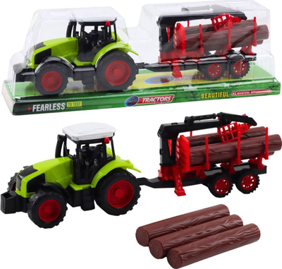 Lodër traktor bujqësor me rimorkio HDS, vinç lëvizës, trungje druri, jeshile