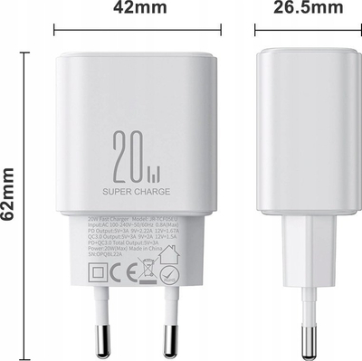 Karikues Joyroom JR-TCF05, 20W PD QC, me 2 porta USB A dhe C, i bardhë