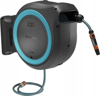 Mbajtëse murale automatike për zorrë GARDENA PowerRoll XL, 35 m, me bateri, blu turkeze