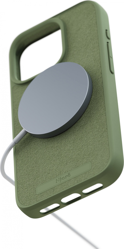 Kapak telefoni Njord Suede MagSafe për iPhone 15 Pro, olive