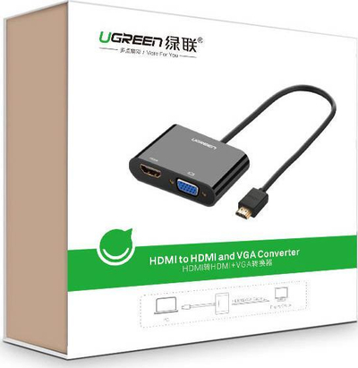 Adapter video Ugreen HDMI në VGA dhe HDMI, me dy dalje bashkë, gri