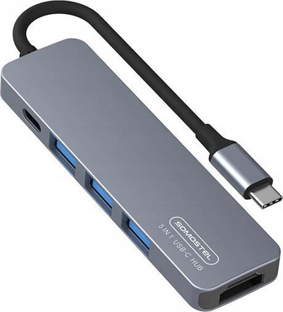 Hub USB C Somostel SMS-BZ08, 5 në 1, PD 60W, HDMI 4K, gri metalik