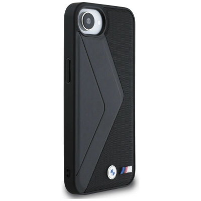 Маска за телефон BMW Oversized Stripes MagSafe за iPhone 16E, природна кожа, магнетна, црна