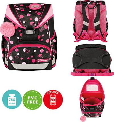Çantë shkolle Herlitz Ultralight Satchel Cats and Dots, ergonomike, 750g, rozë me të zezë