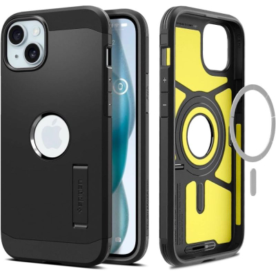 Mbulesë telefoni Spigen Tough Armor MagFit për iPhone 15, me magnet MagSafe, me stendë, e zezë