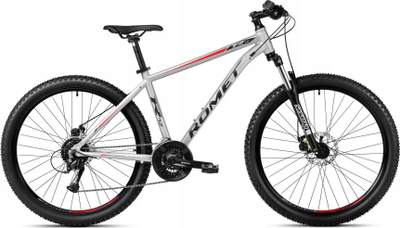 Biçikletë mali Romet Rambler R7.2 2023, kornizë 21", rrota 27.5", ngjyrë argjendtë me të kuqe