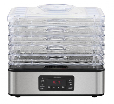 Dehidrator për fruta dhe perime Heinner Drymaster Pro, 320-380W, 5 tepsi inox, argjendtë transparent