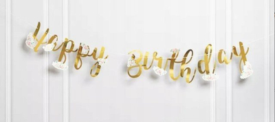 Baner dekorativ Teka Happy Birthday me lule, për ditëlindje, i artë