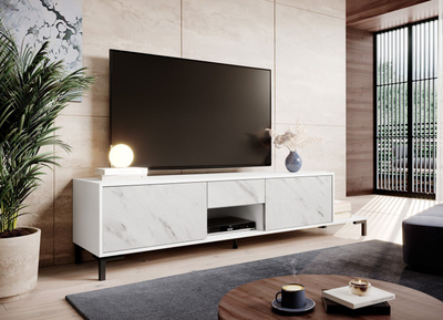 Kredencë TV Cama Meble Marmo 2D1S1K, 195x40x47.5 cm, PAL, e bardhë mat me mermer të bardhë