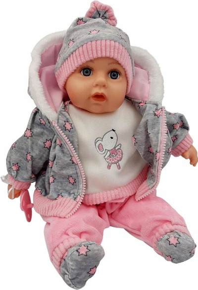Kukull bebe folëse me muzikë, 45cm, me biberon, shumëngjyrëshe
