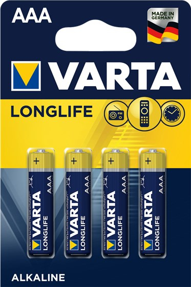 Bateri alkaline Varta Longlife AAA, paketim 4 copë, 1.5V