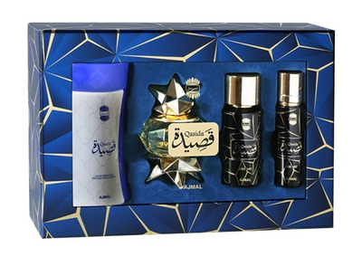 Set eau de parfum 60 ml + pudër trupi 80 g + sprej trupi 50 ml + sprej për flokë 30 ml Ajmal Qasida
